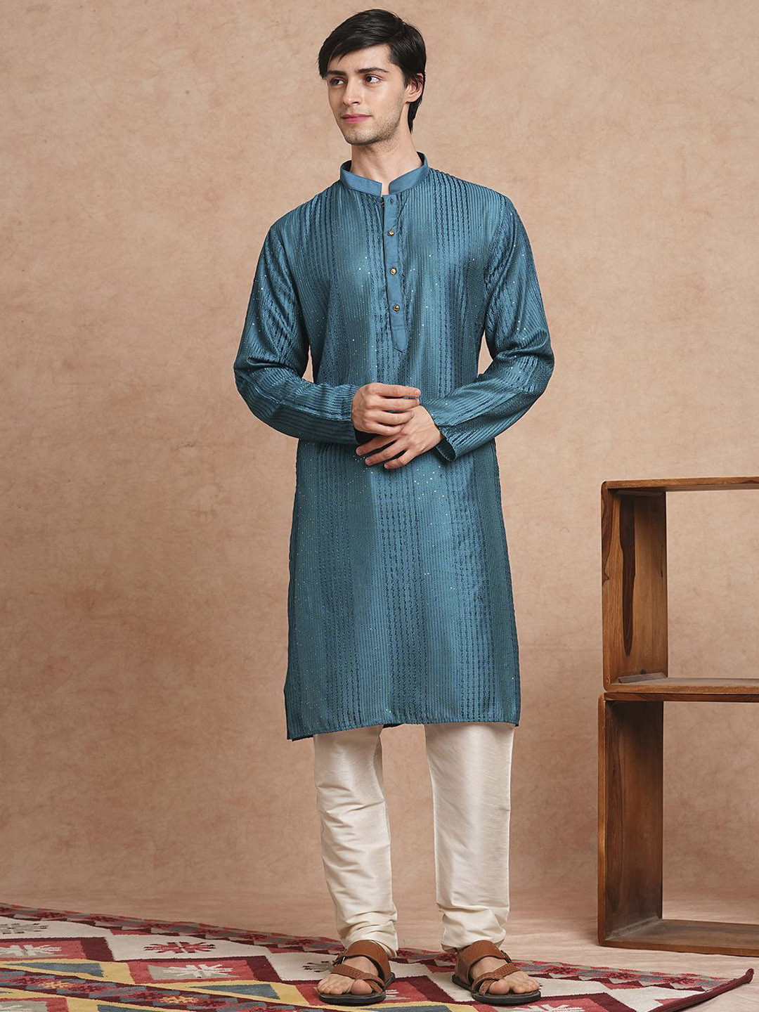 SWAGG INDIA Striped Embroidered Band Collar Straight Kurta