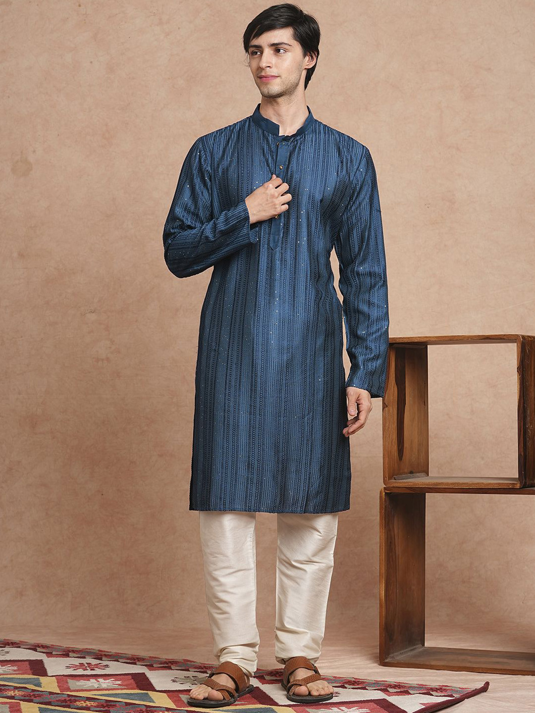 SWAGG INDIA Striped Embroidered Band Collar Straight Kurta