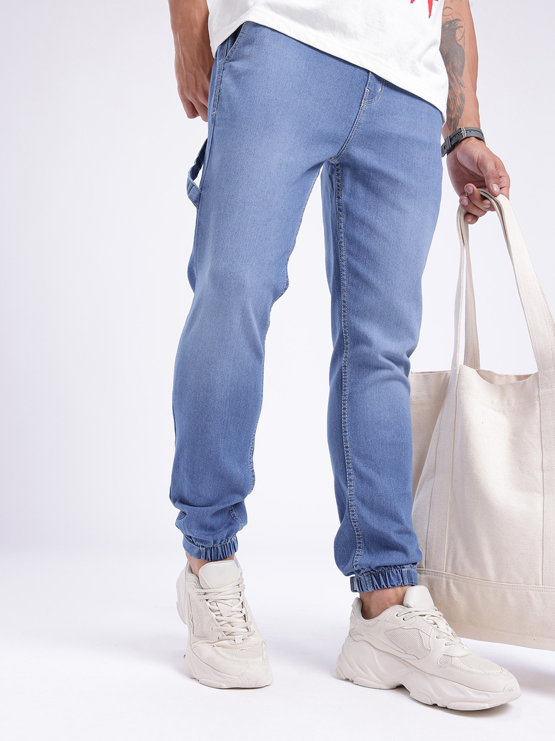glitchez Men Jogger Light Fade Cuffed Hem Stretchable Jeans