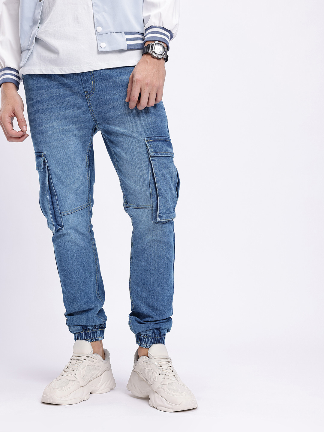 glitchez Men Relaxed Fit Light Fade Panelling Cargo Jogger Jeans