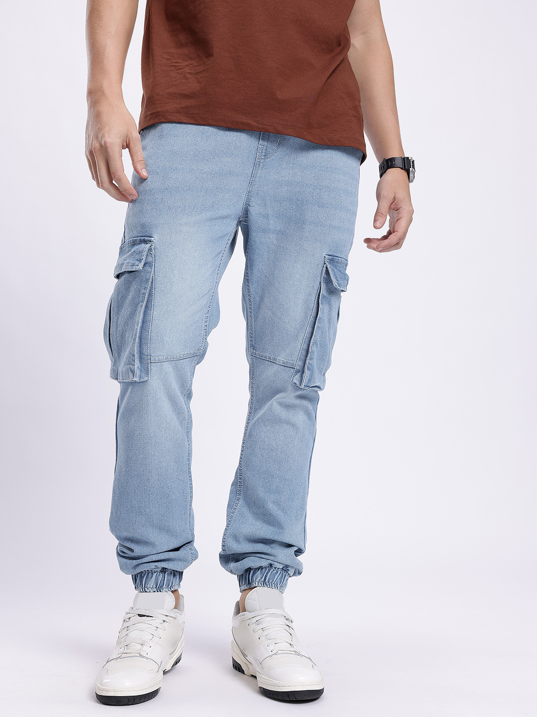 glitchez Men Relaxed Fit Light Fade Panelling Cargo Jogger Jeans