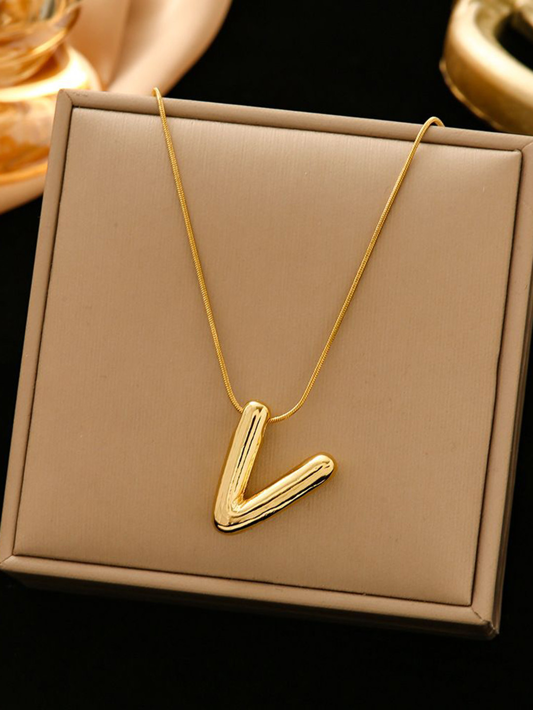DIVASTRI Gold-Plated Anti-Tarnish V Initial Alphabet Stainless Steel Pendant With Chain