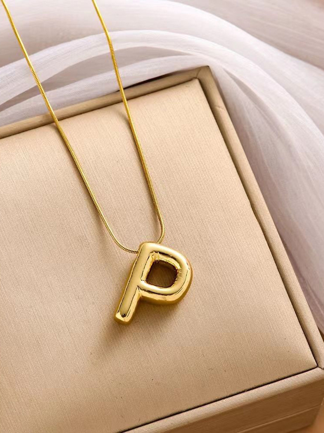 MEENAZ Gold-Plated Stainless Steel Anti-Tarnish P Initial Alphabet Pendant With Chain