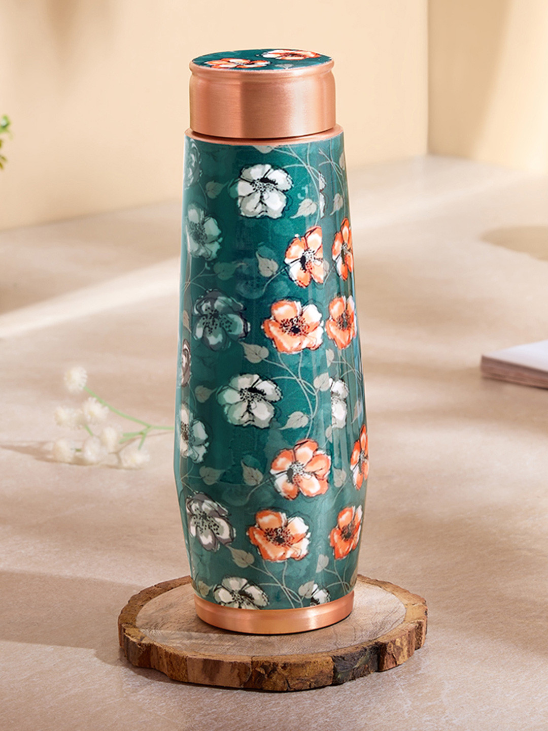 BOROSIL Clara Green Floral Copper Spill Proof Water Bottle - 600ml