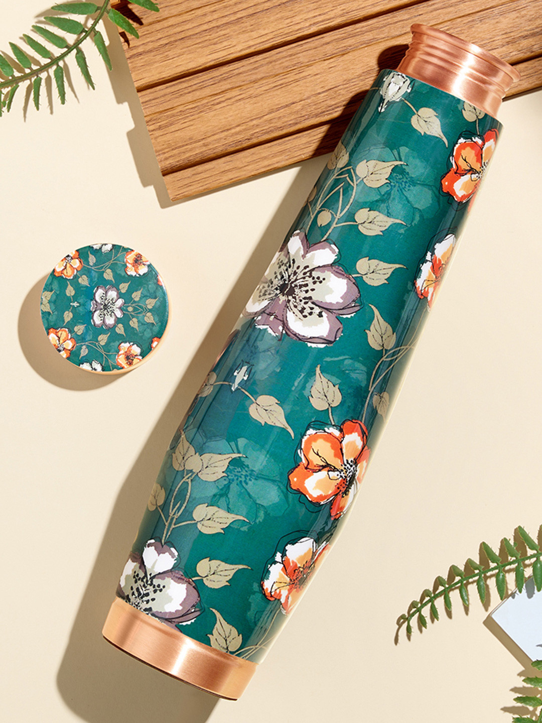 BOROSIL Orra-Clara Green Floral Copper Spill Proof Water Bottle - 950ml