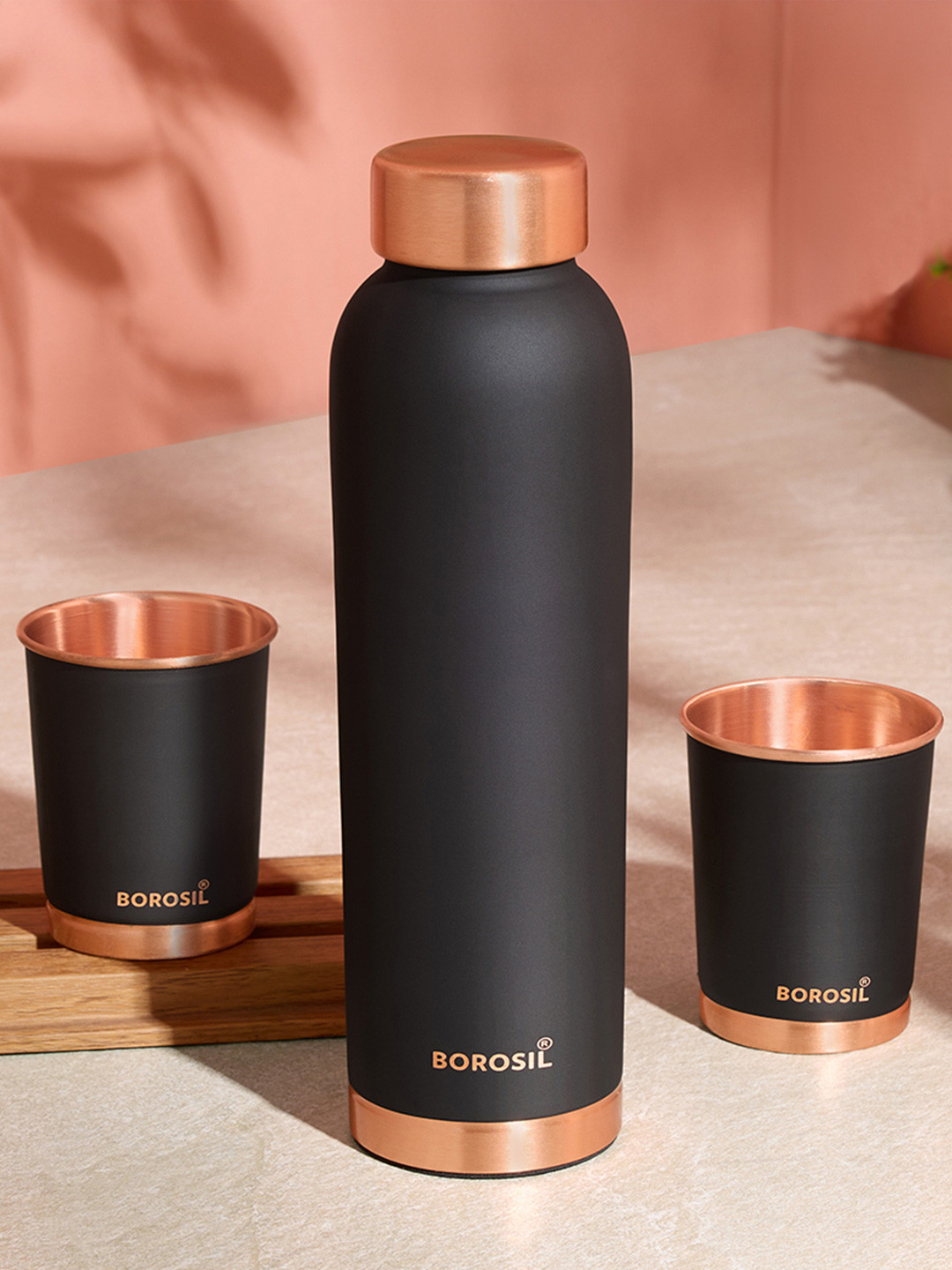 BOROSIL Black Solid Copper Spill Proof 3 Piece Water Bottle - 1L