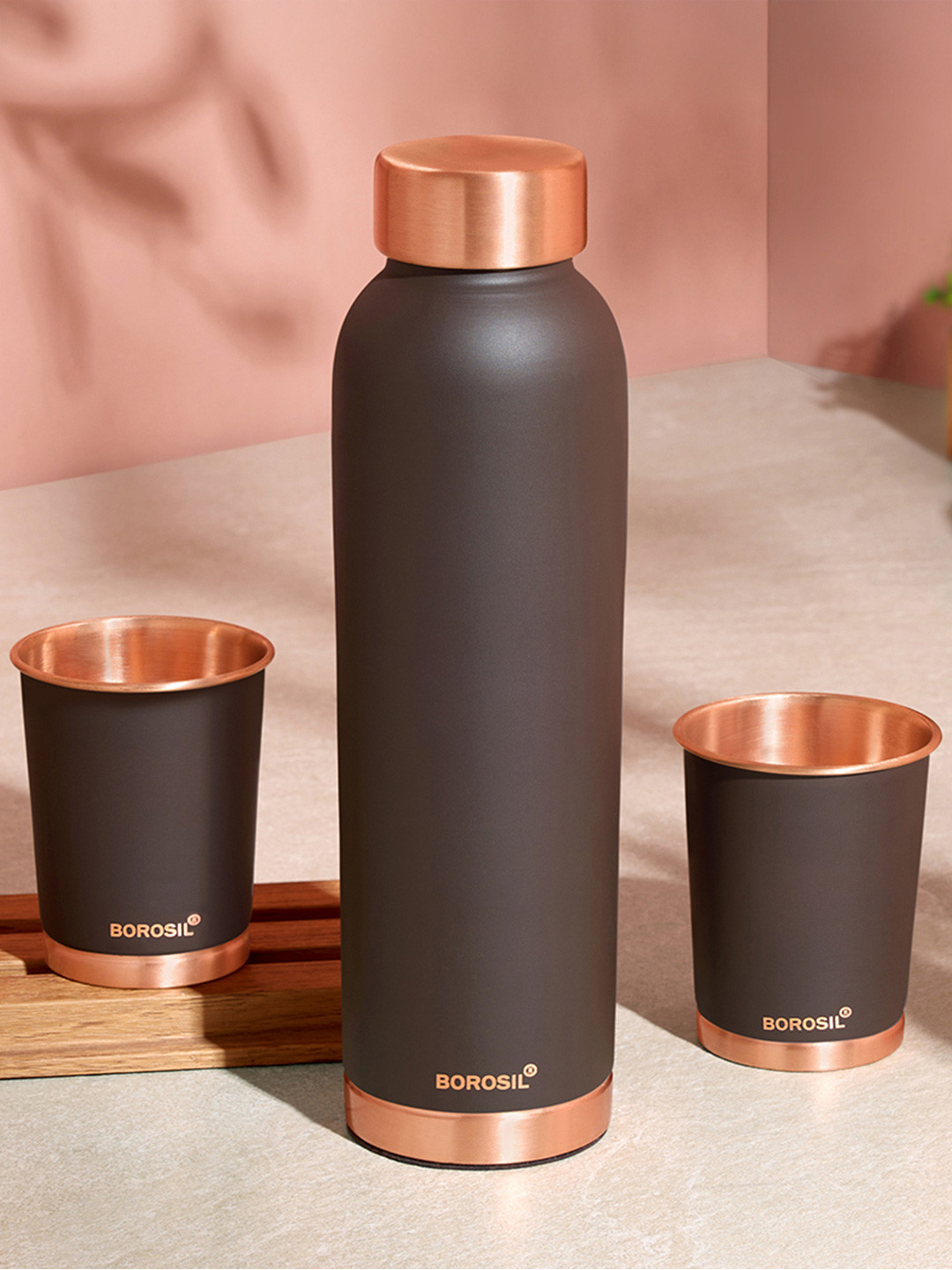 BOROSIL Eco Colour Brown Solid Copper BPA Free 3 Piece Water Bottle - 1L