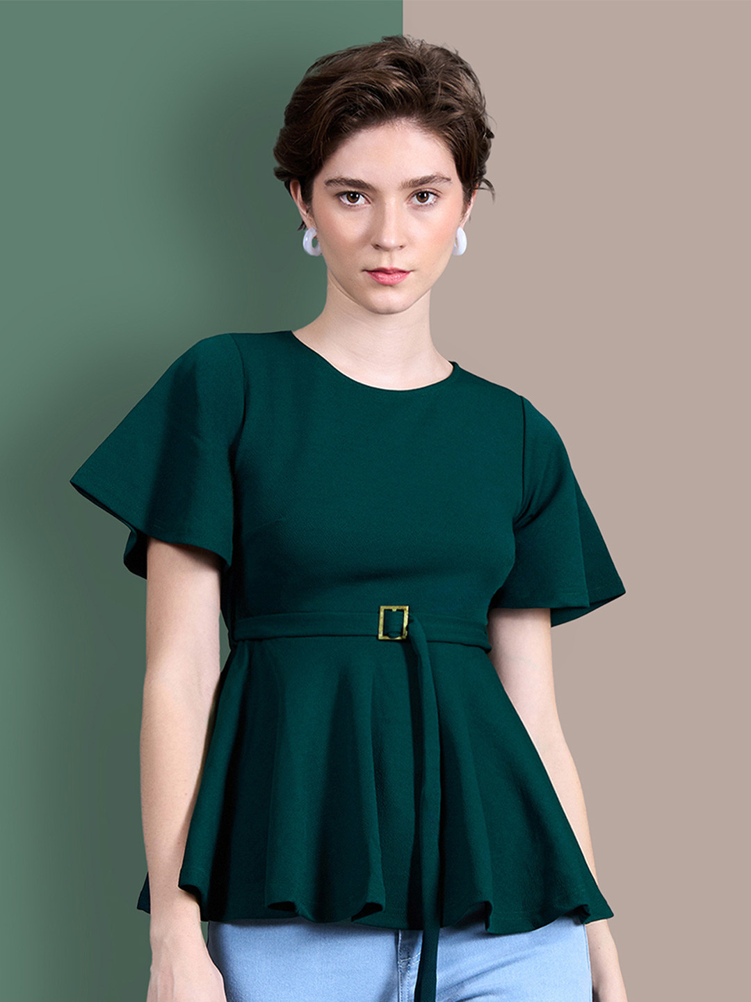 Chemistry Women Solid Slim Fit Round Neck Short Sleeve Regular Length Work wear Top