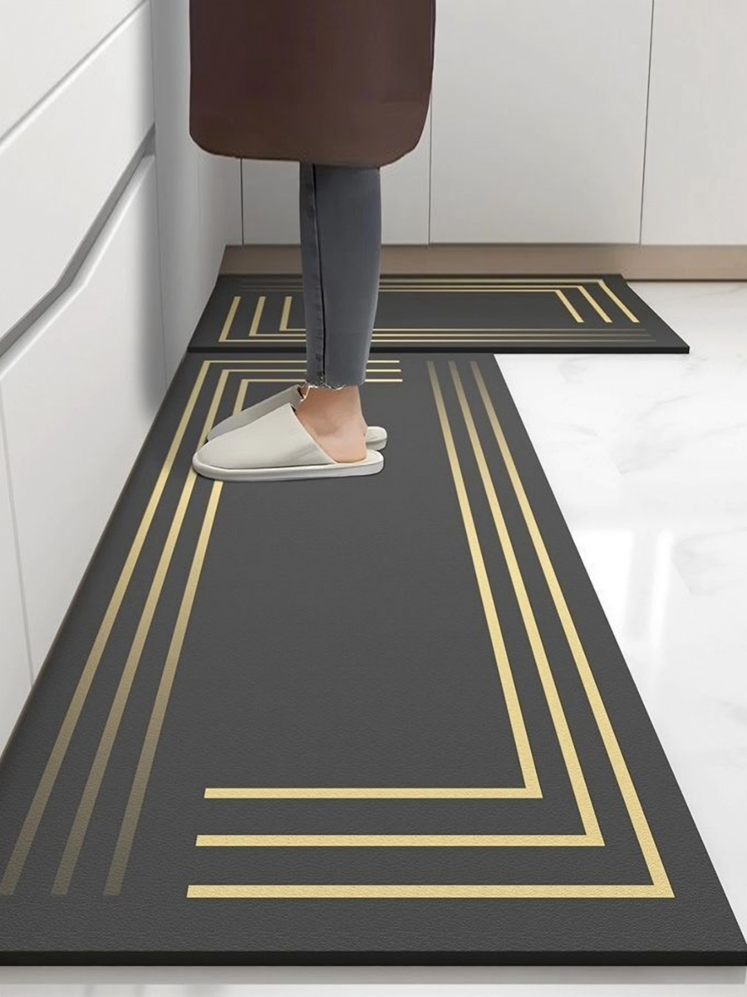 Deoxys Black 2 Pieces Striped Printed Rectangular Non Slip Waterproof Kitchen Mats