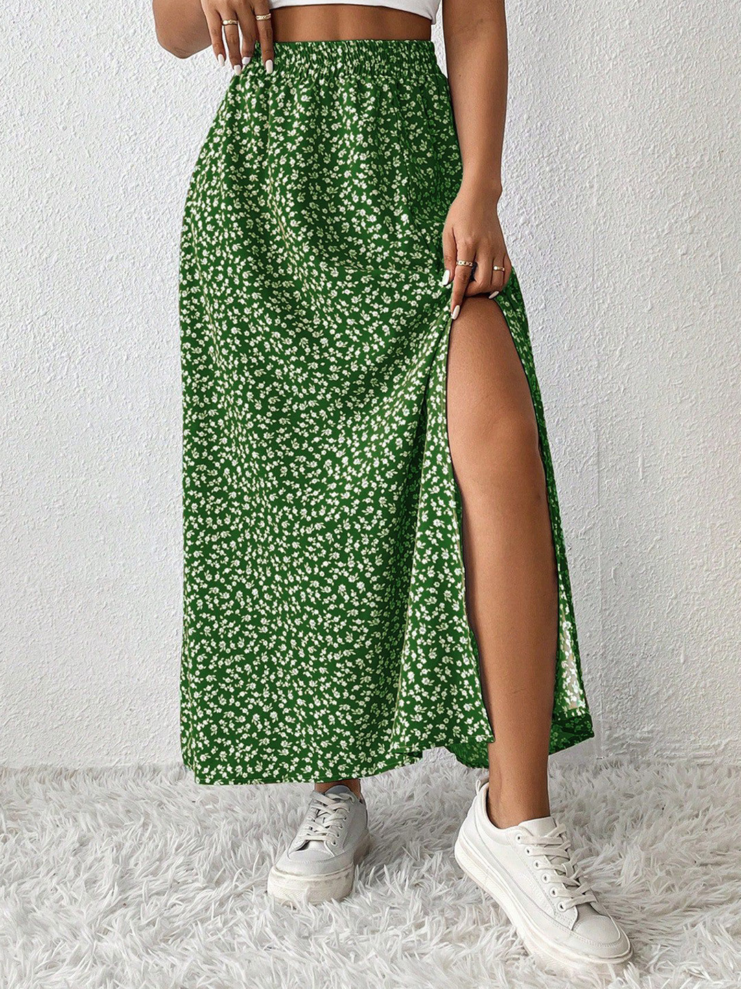 KATECLO Women Floral Printed A-Line Maxi Skirt With Side Slit