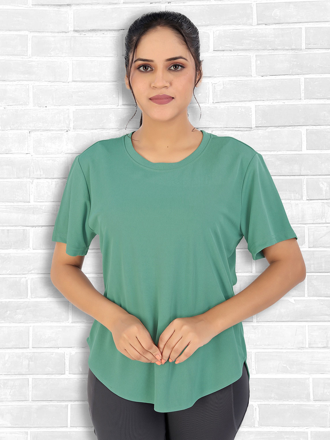 MYO2 Women Solid Round Neck Sports T-shirt