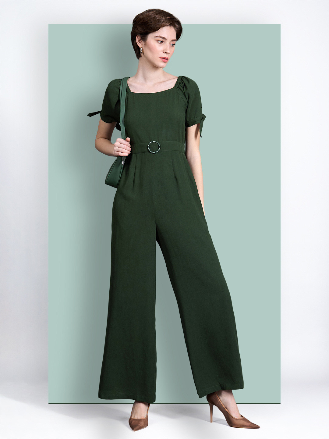 Chemistry Women Square neck Puff sleeve Solid Wide Leg Regular Work wear Jumpsuit