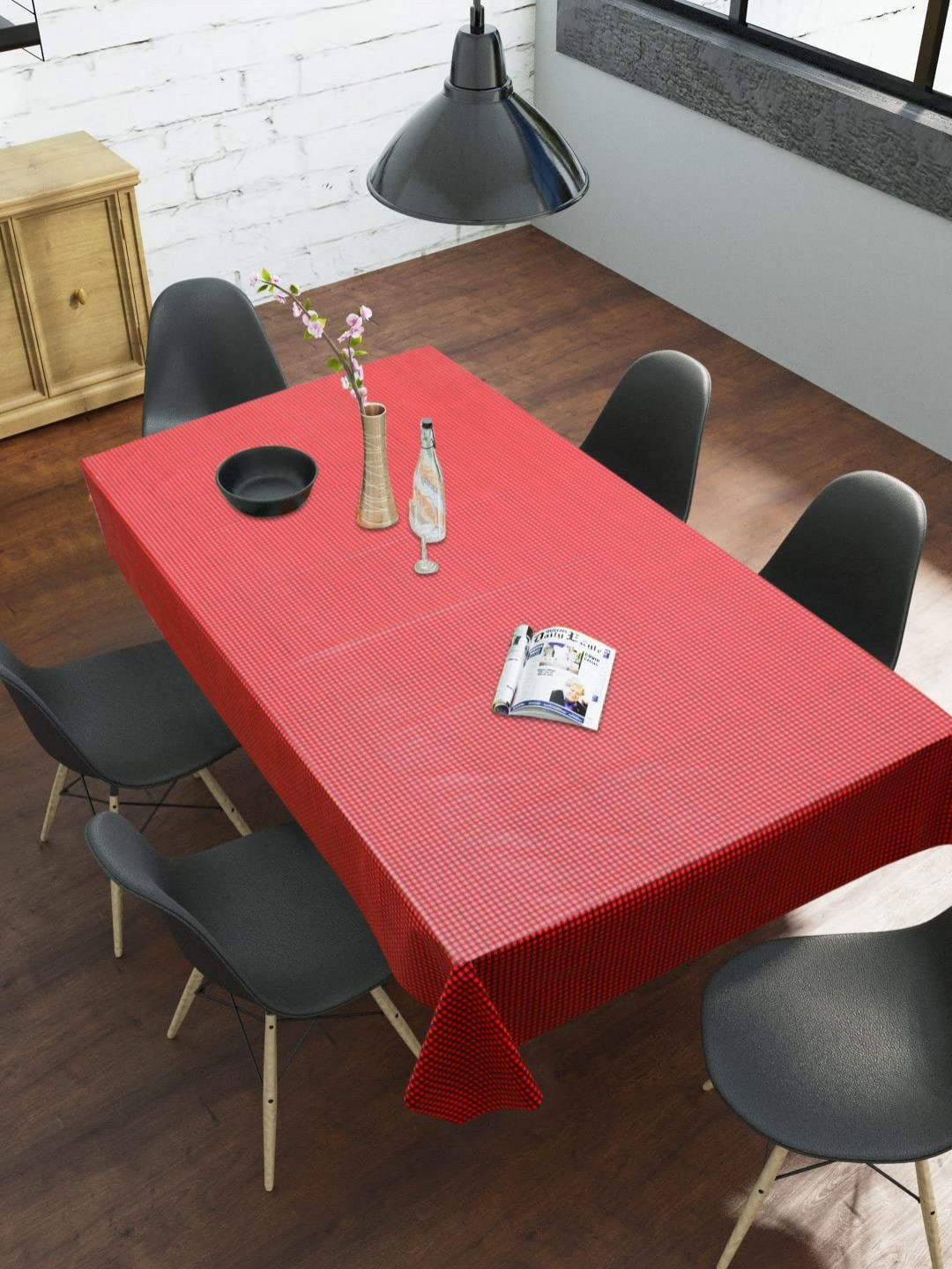 LooMantha Maroon & Black Checked Rectangle Shaped Waterproof 6-Seater Table Cover