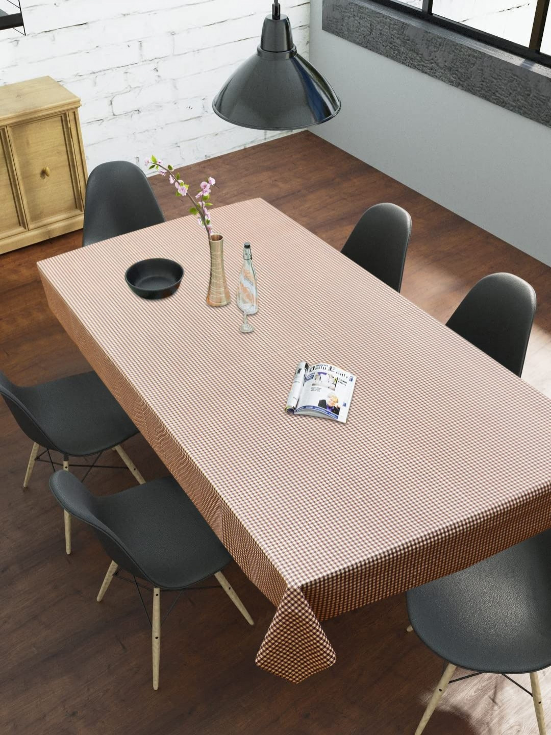 LooMantha Brown Checked Waterproof Rectangle 6-Seater Table Cover