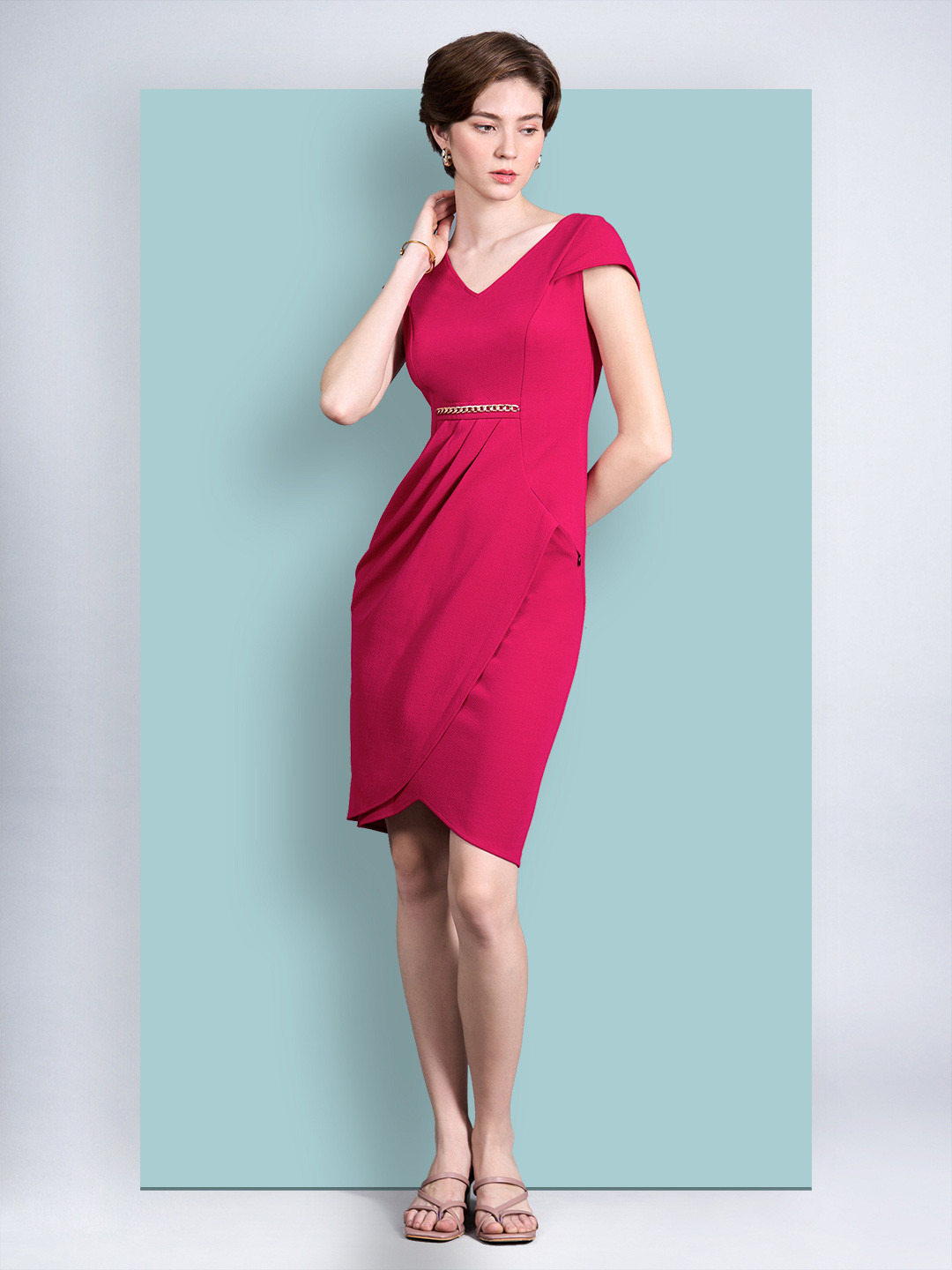 Chemistry Women Solid V Neck Cap Sleeves Polyester Side Pocketed Knee Long Work wear Dress