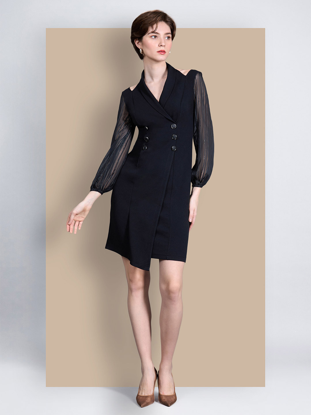 Chemistry Women Shawl Collar Bishop Sleeves Double Breasted Knee Length Work wear Dress