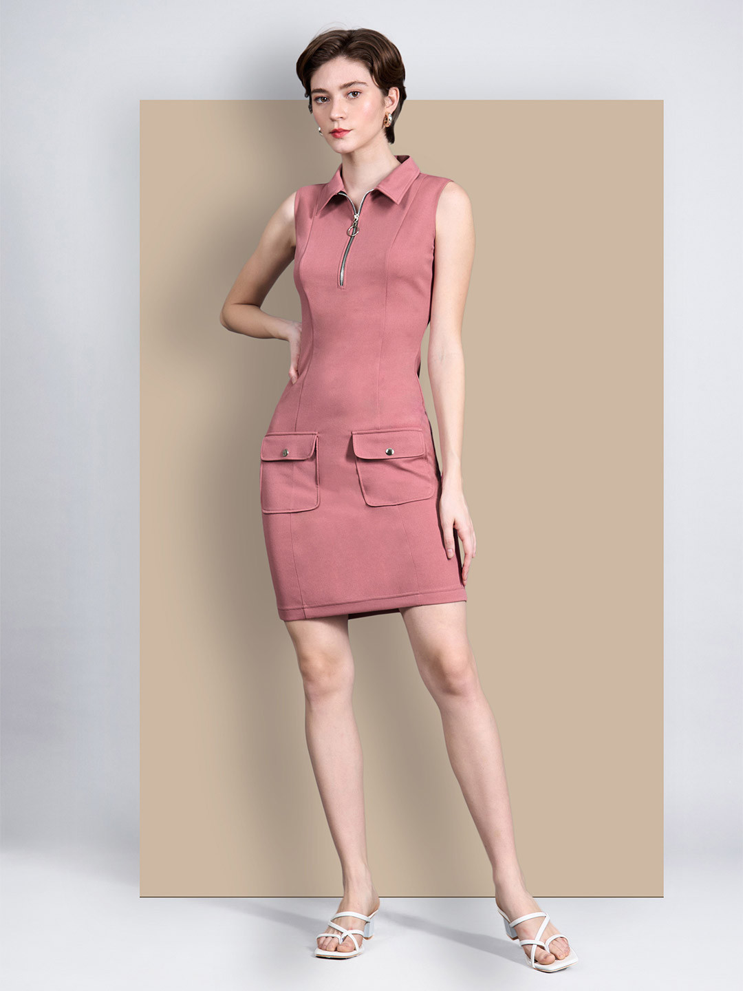 Chemistry Women Solid Sleeveless Collared Bodycon Above-Knee Polyester Work wear Dress