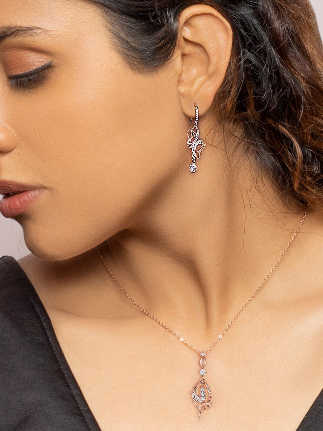 GIVA 925 Silver Rose Gold Plated Zircon Studded Fairy Set With Link Chain