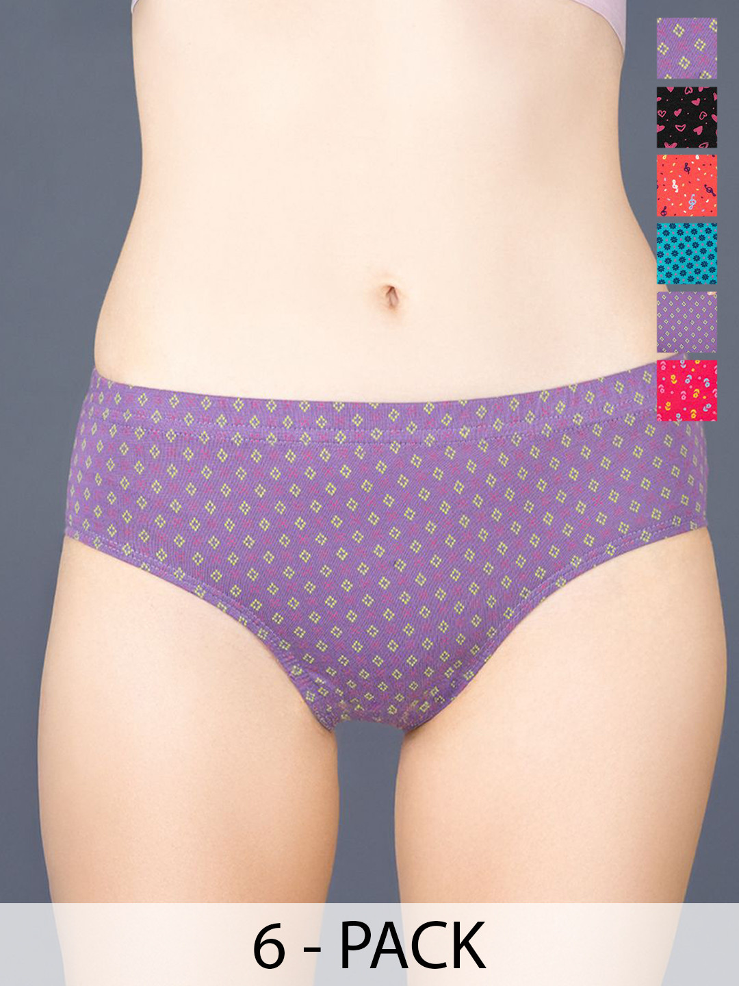 Lux Cozi Women Pack Of 6 Abstract Printed Assorted Pure Cotton Hipster Briefs