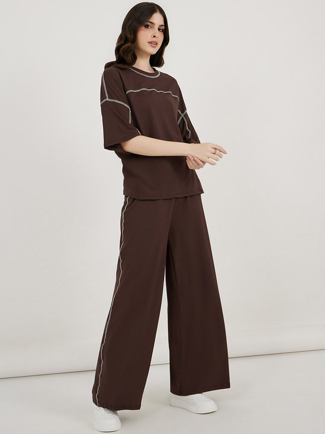 Styli Brown Round Neck T-Shirt With Trouser