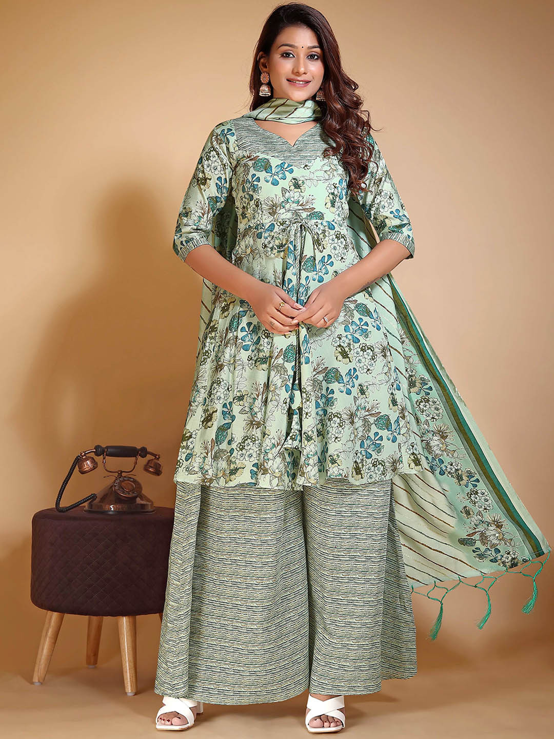 VIVARAA FASHION Floral Printed Chanderi Cotton  A-Line Kurti With Palazzos And Dupatta