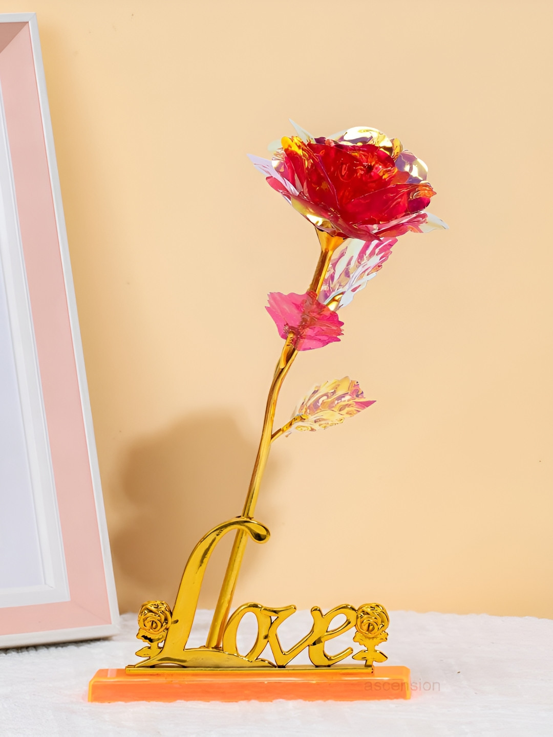 Ascension Rose Flower with Love Stand Gold Plastic Matte Living Room Set of 2 Medium Showpieces - 9.8 Inches