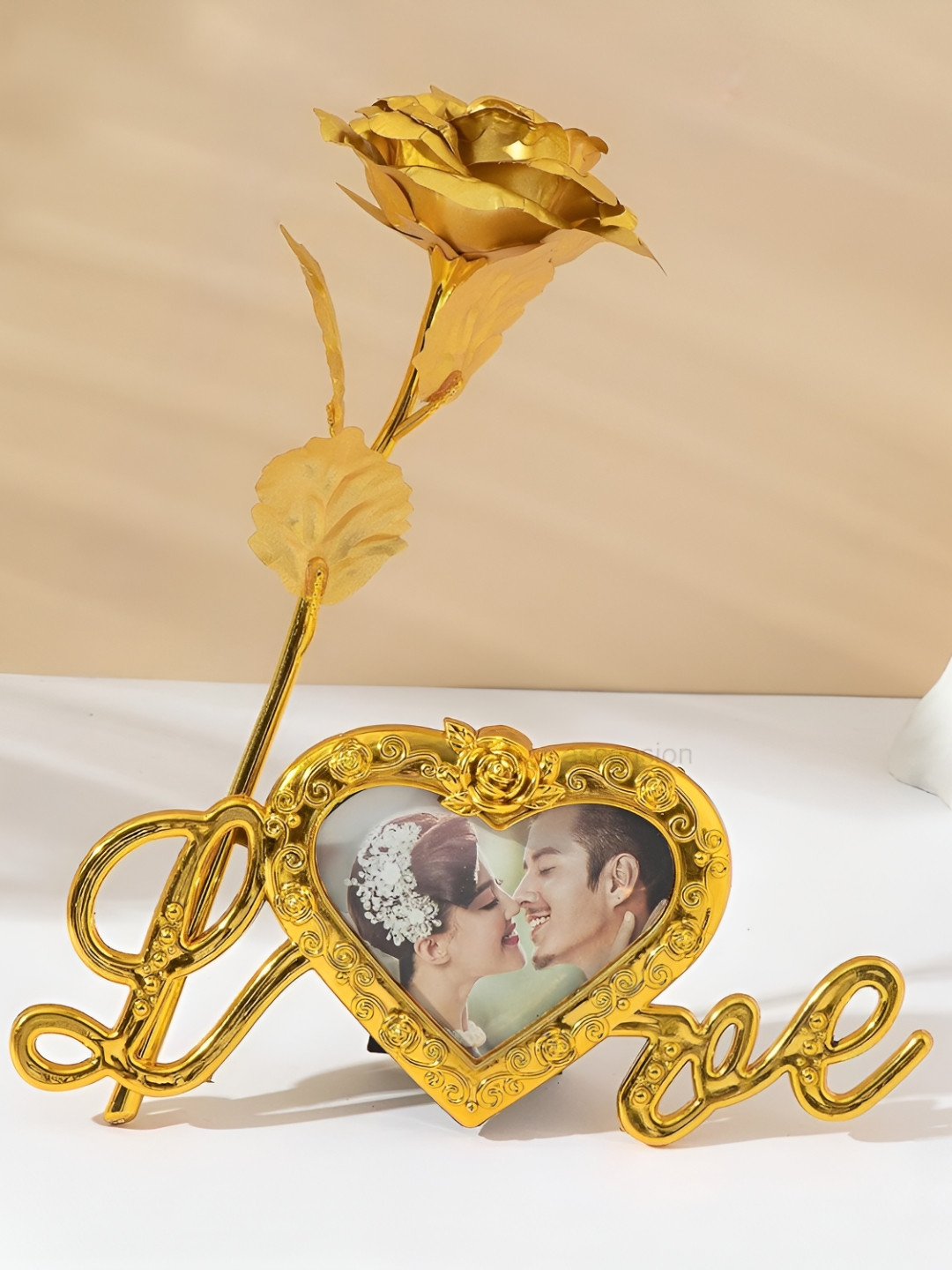 Ascension Gold-Toned 2 Pieces Textured Rose Flower With Love Photo Frame