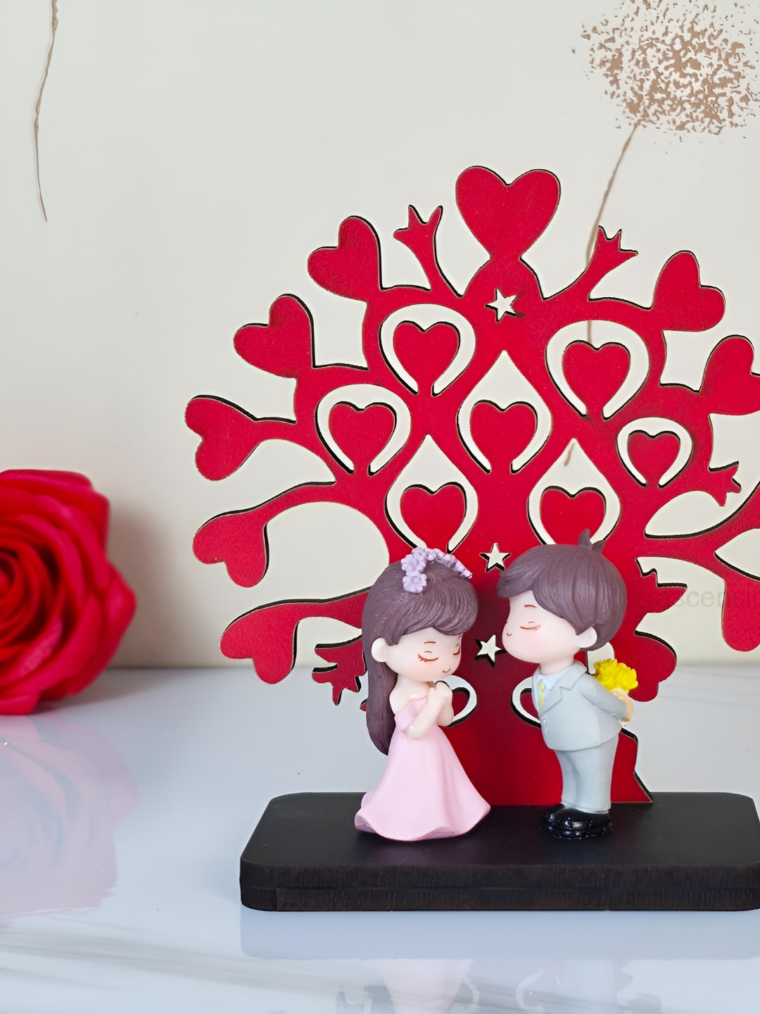 Ascension Love Rose Couple with Tree Red Resin Matte Living Room Small Showpiece - 5.3 Inches
