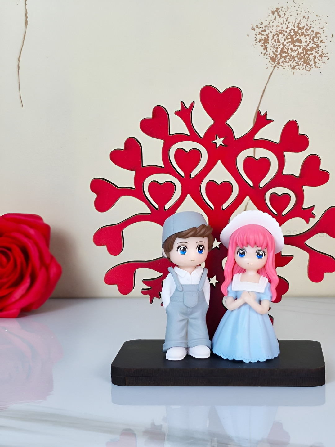 Ascension Love Cute Couple with Tree Stand Red Polyresin Matte Living Room Medium Showpiece - 5.3 Inches