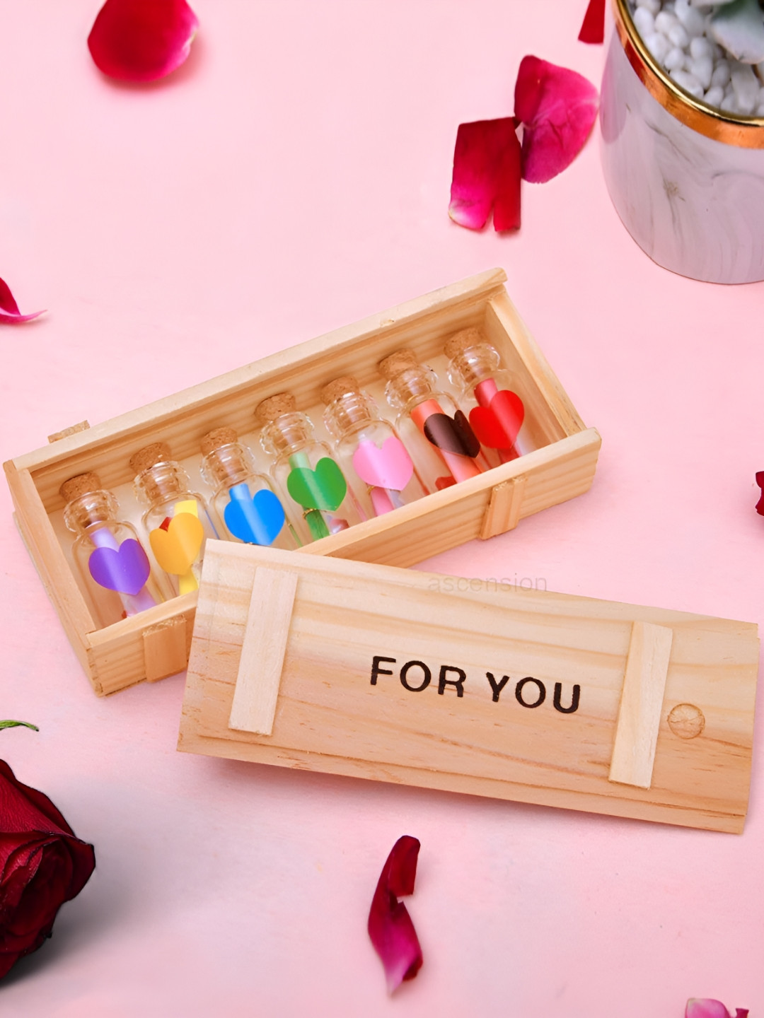 Ascension Brown 7 Pcs Small Love Secret Message Wish Bottle In A Wooden Box Home Gift Sets