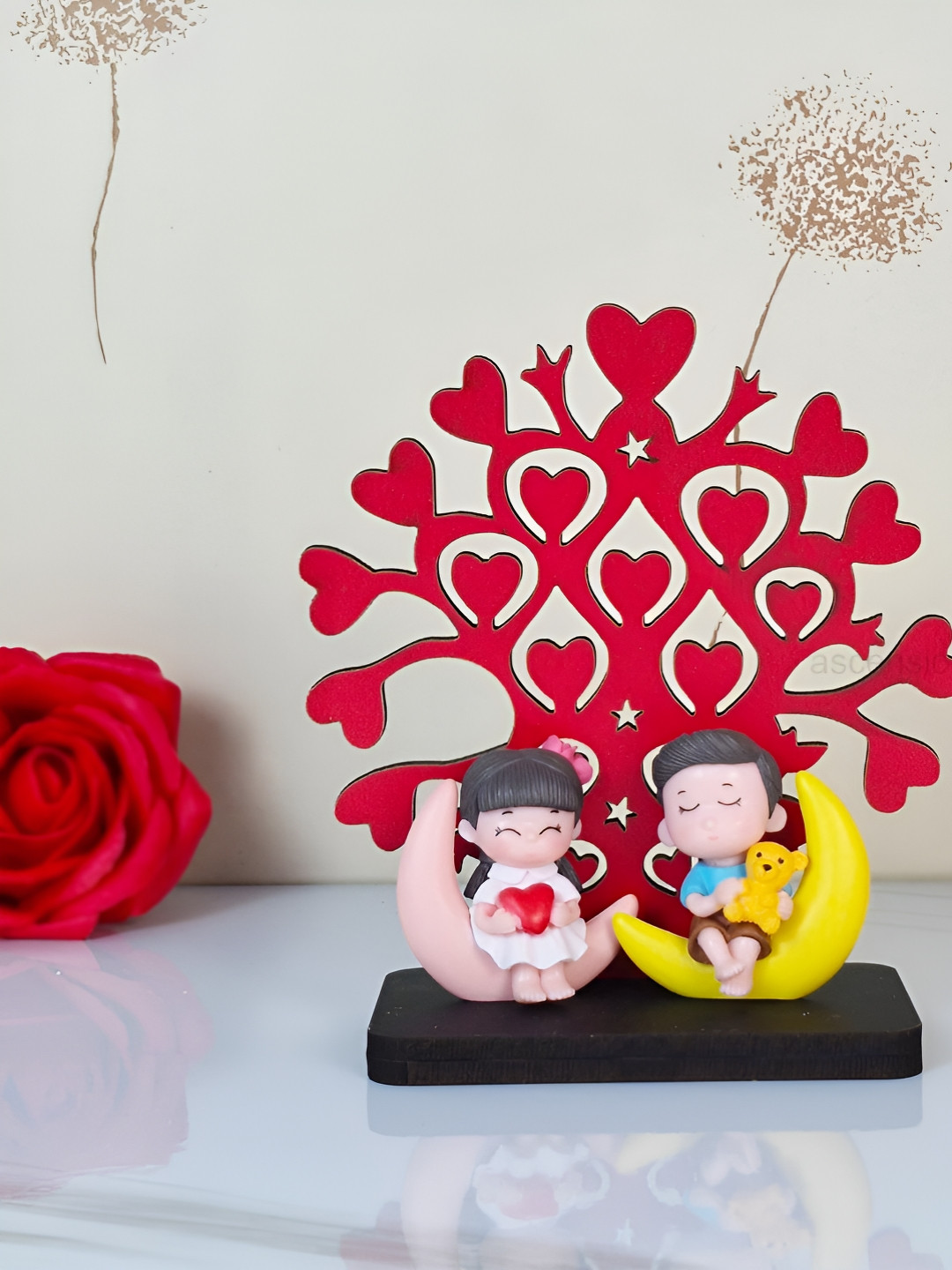 Ascension Love Moon Couple with Tree Red Resin Natural Living Room Medium Showpiece - 5.3 Inches