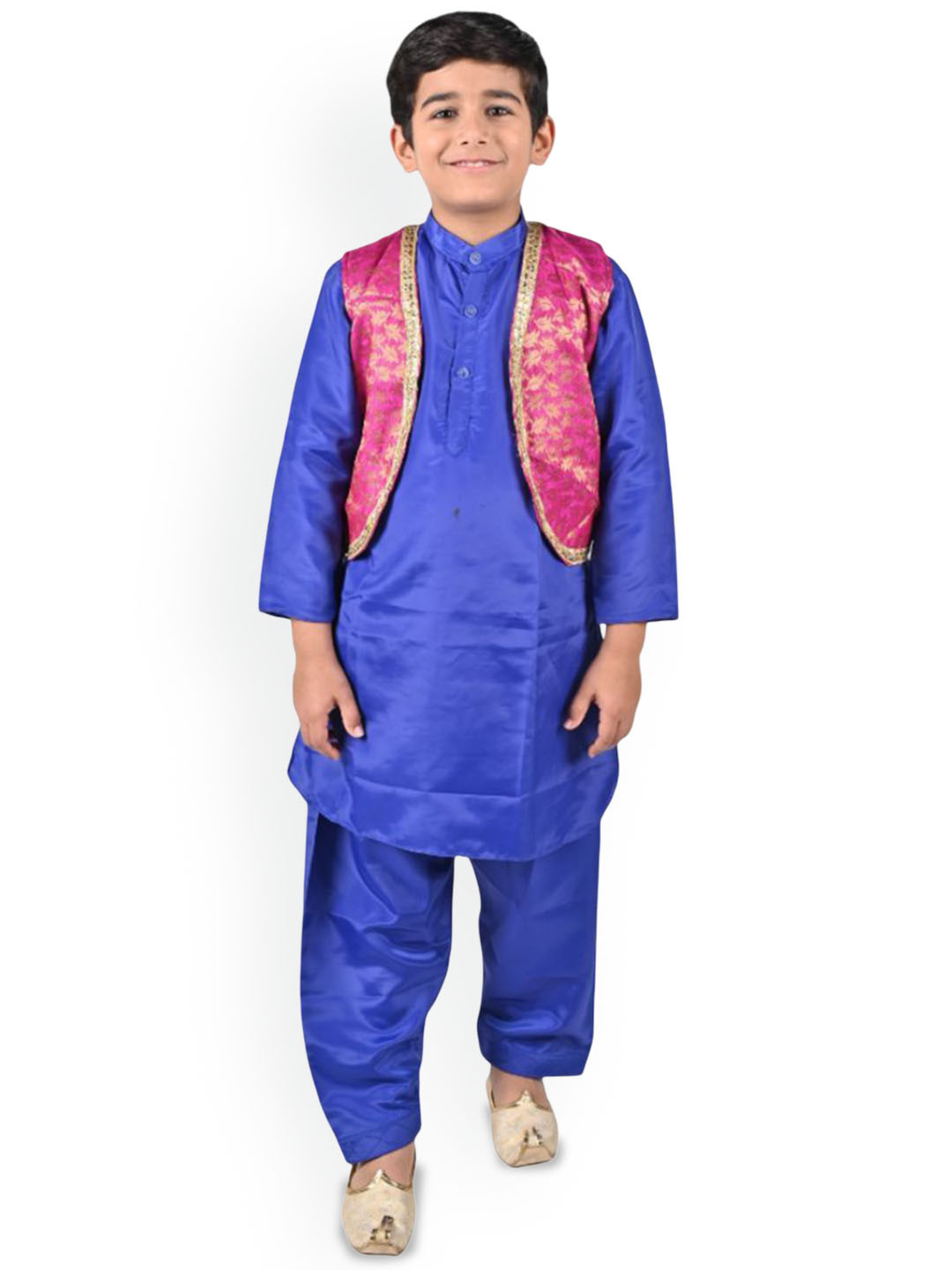 Itsmycostume Blue Band Collar Satin Kurta And Pyjama With Jacket Costume