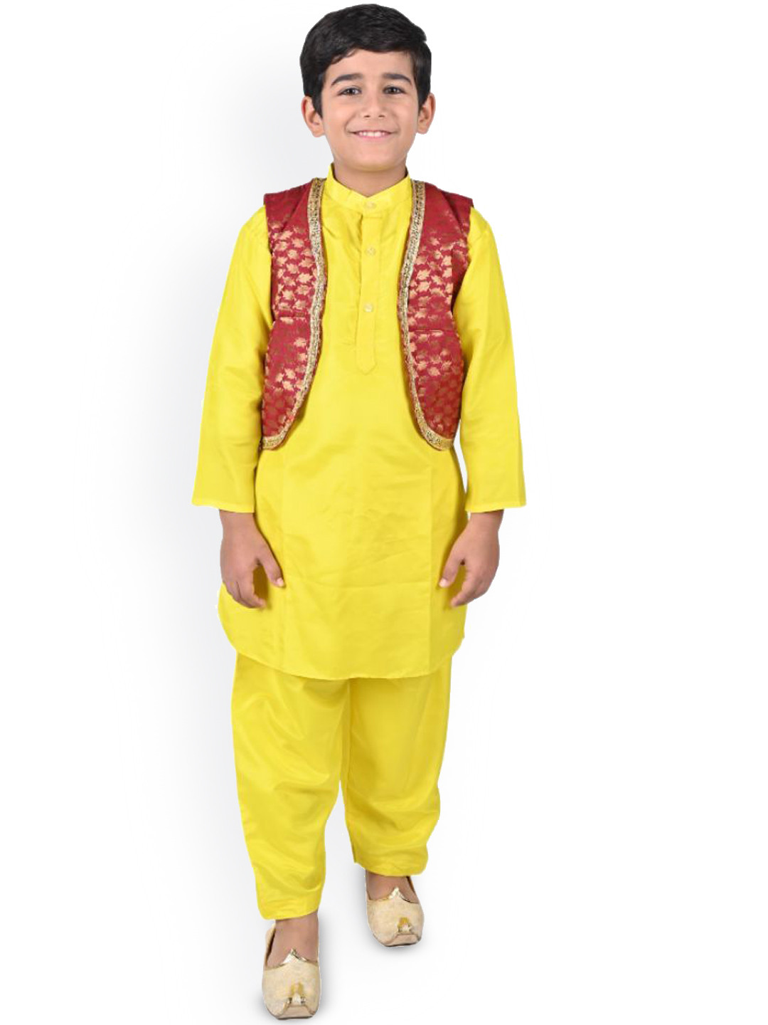 Itsmycostume Yellow Band Collar Satin Kurta And Pyjama With Jacket Costume