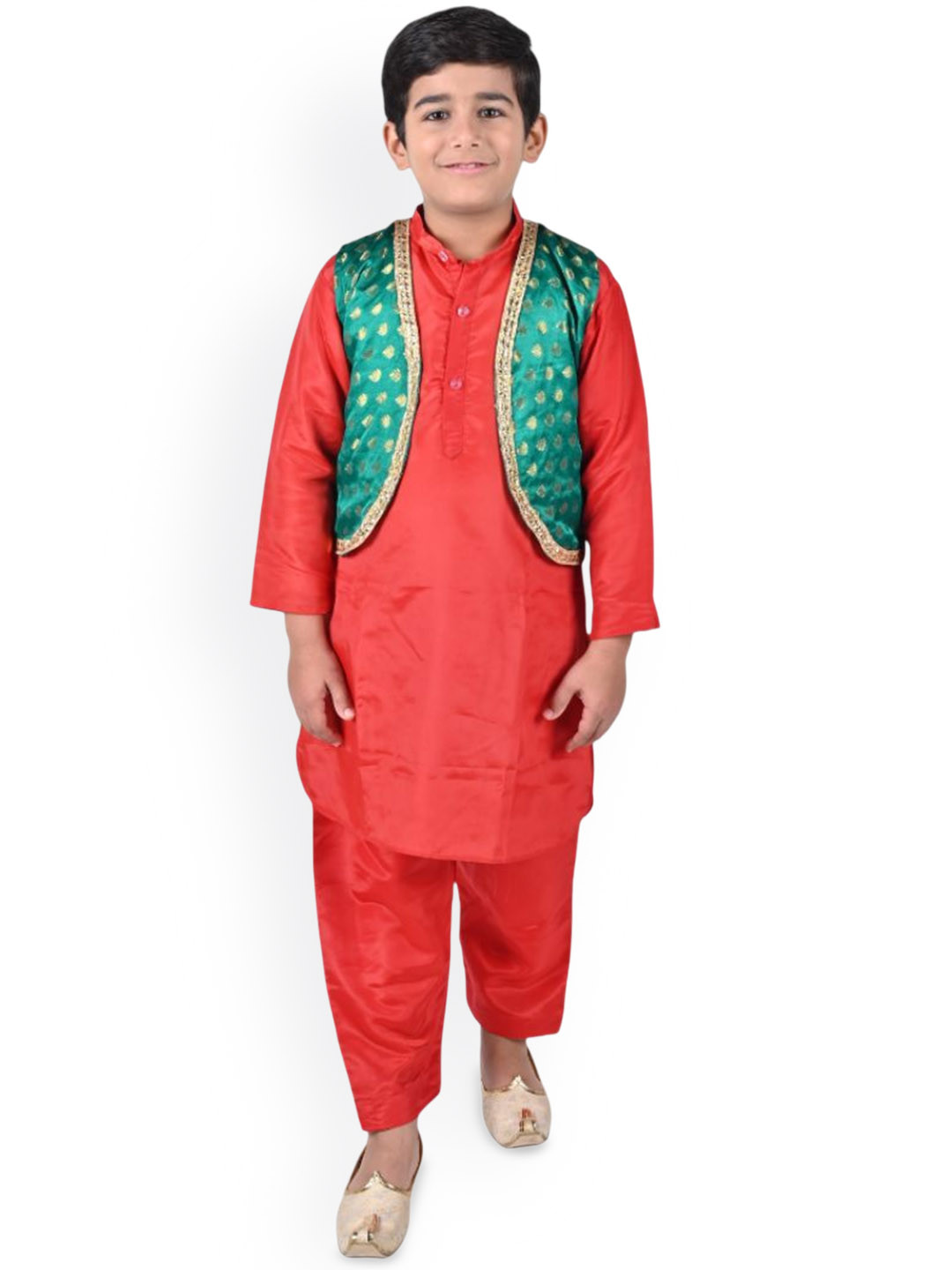 Itsmycostume Red Band Collar Satin Kurta And Pyjama With Jacket Costume