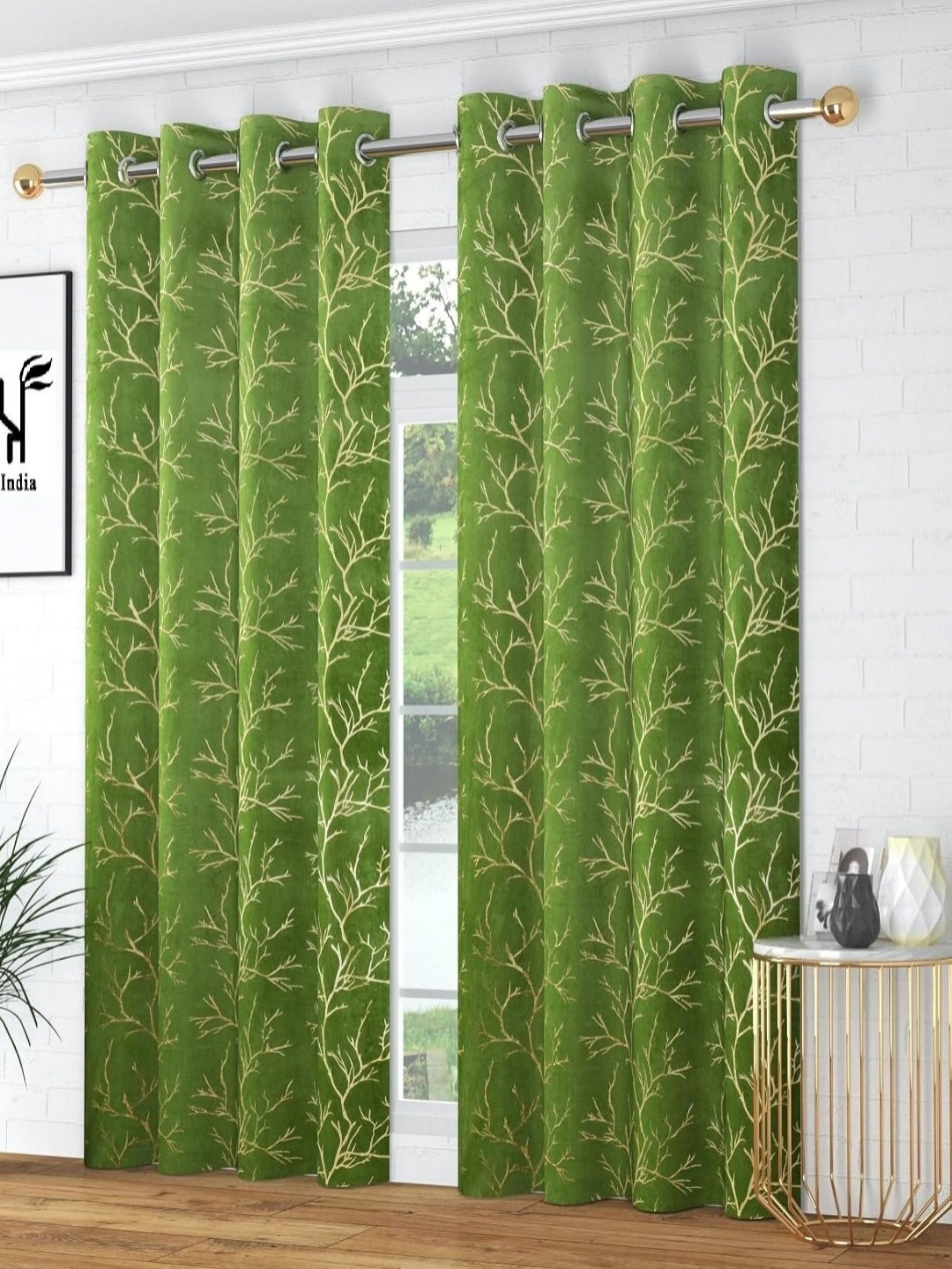 Aura Green & Gold-Toned 2 Pieces Foil Printed Room Darkening Door Curtains