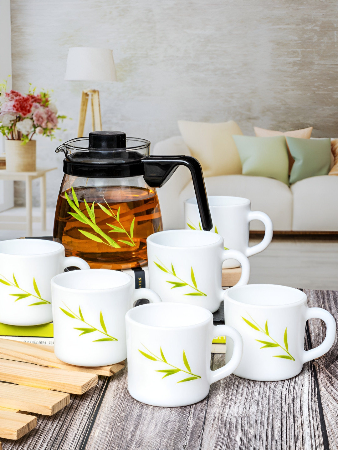 Cello For Amazing Dad White Leaf Opalware Handmade 7 Piece Kettle Set-180ml