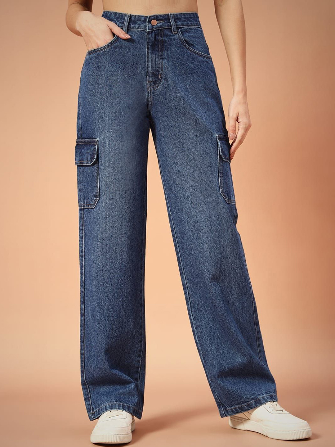 FASHIONFIBRE Women Comfort Non Stretch Cargo Straight Fit High-Rise Light Fade Jeans