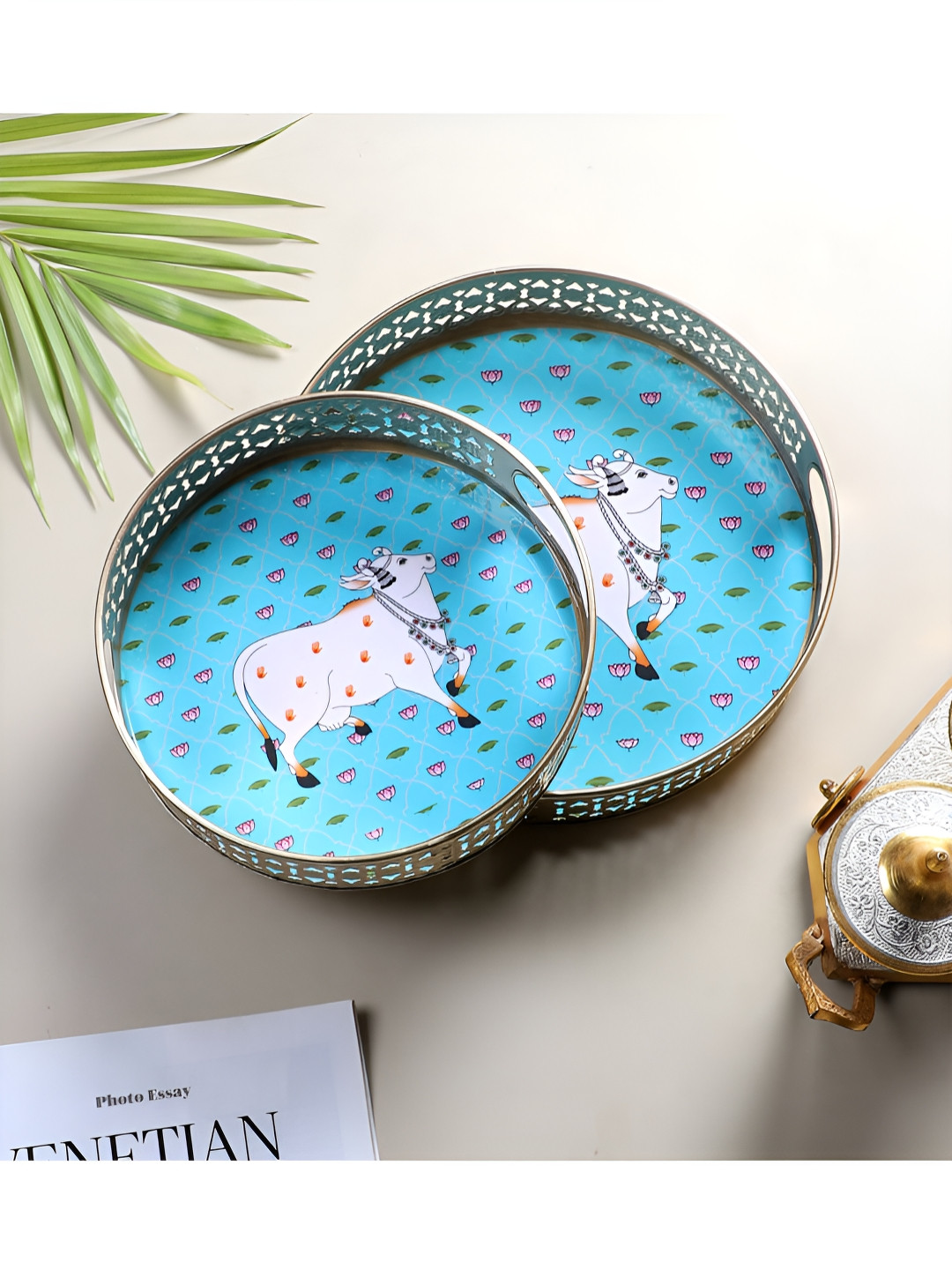 Two Moustaches Blue & White 2 Pieces Printed Kamdhenu Cow With Lotus Metal Serving Trays