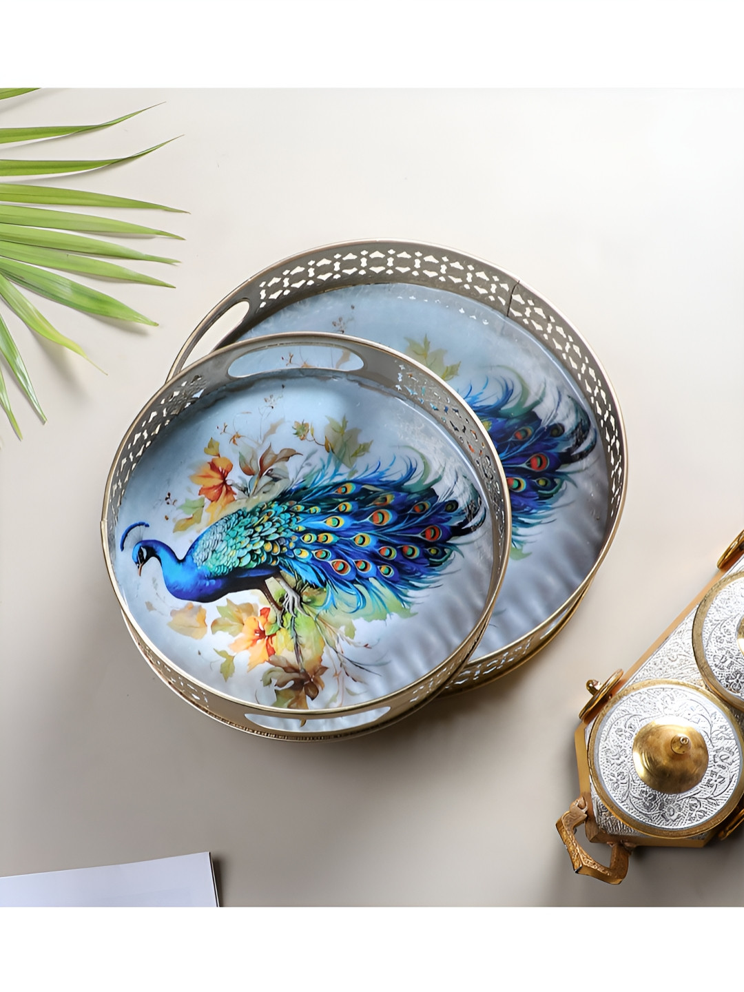 Two Moustaches Blue & Green 2 Pieces Printed Peacock Design Metal Serving Trays