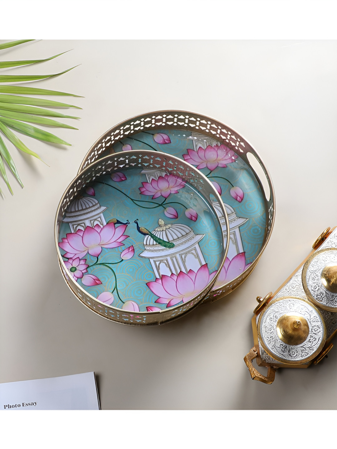 Two Moustaches Blue & Pink 2 Pieces Printed Lotus Flowers Design Metal Serving Trays