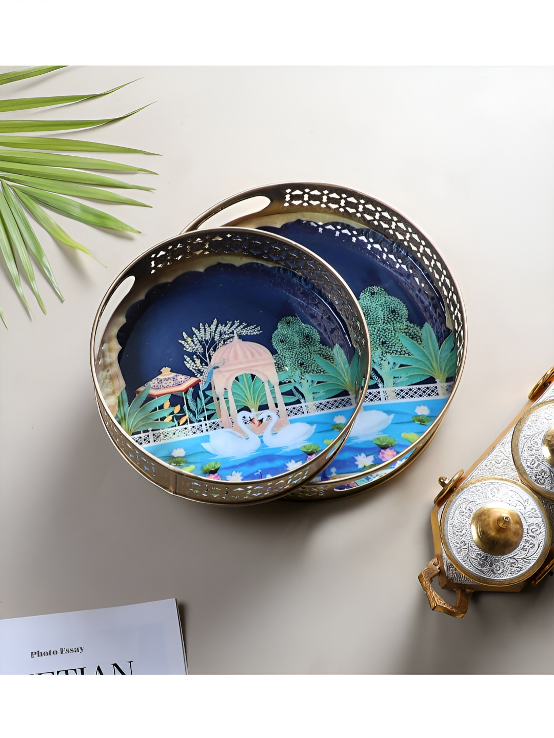 Two Moustaches Blue & Green 2 Pieces Printed Kissing Swan Pair Design Metal Serving Trays