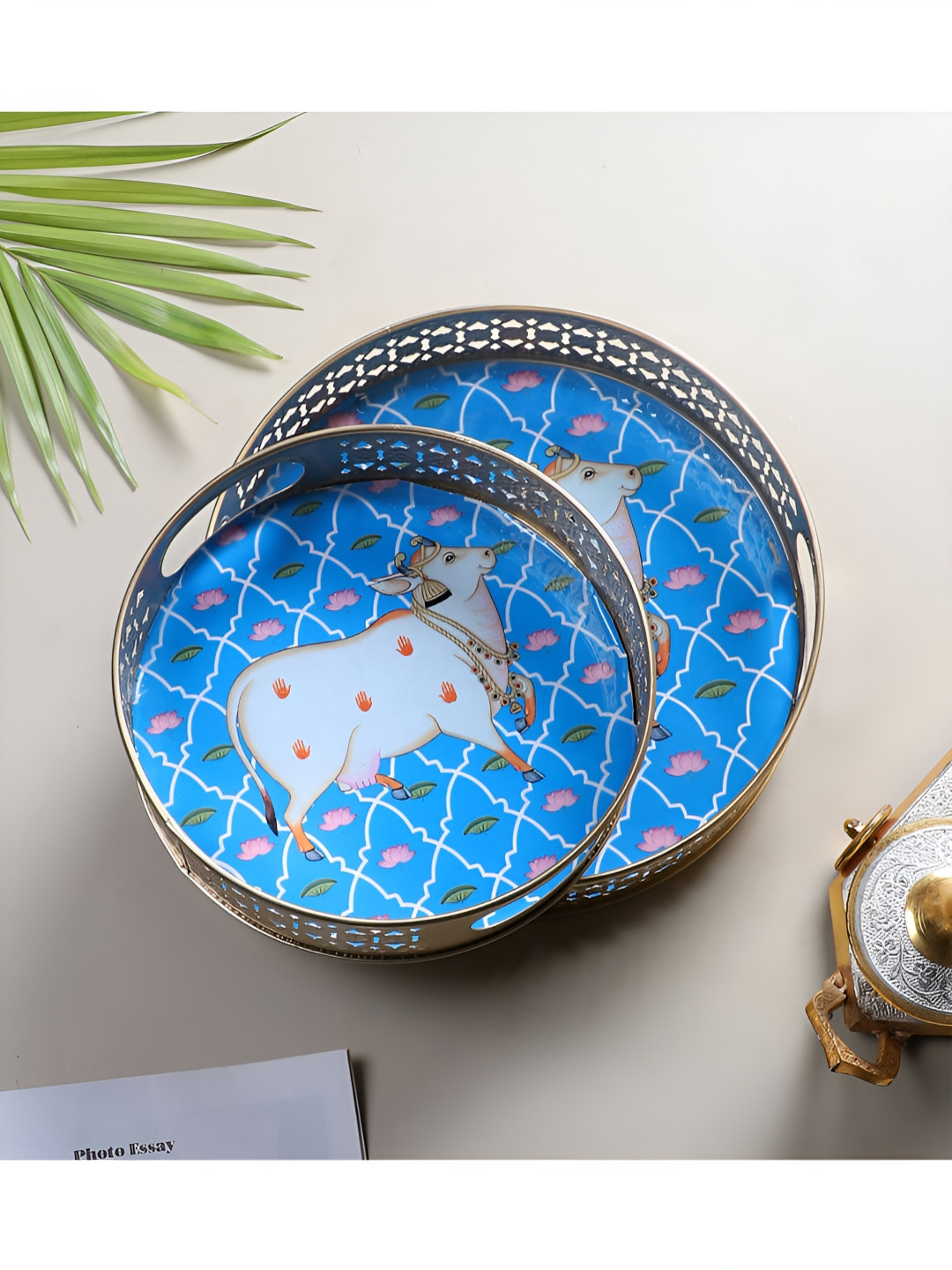 Two Moustaches Blue & White 2 Pieces Printed Kamdhenu Cow Design Metal Serving Trays
