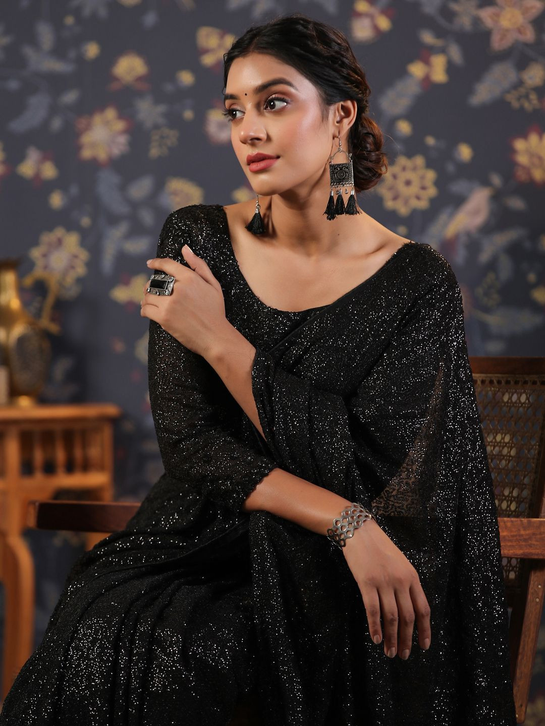 House of Pataudi Blooming Fully Sequined Saree With Classic Unstitched Blouse