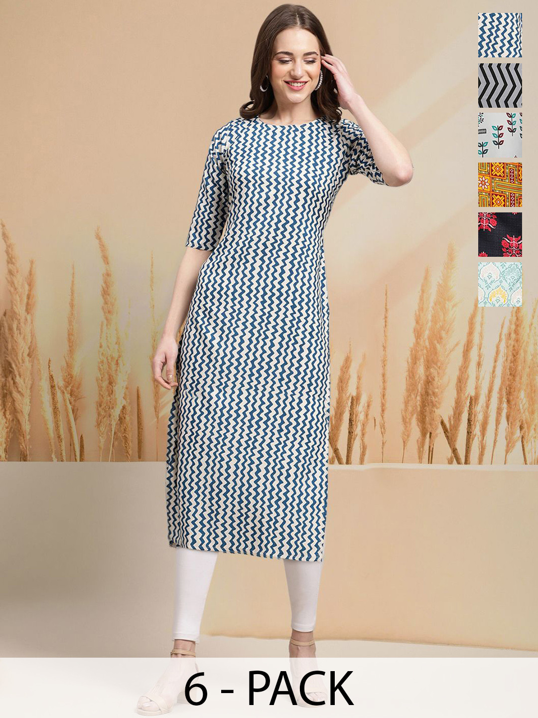 7Threads Selection of 6 ChevronPrinted Round Neck Straight Kurta