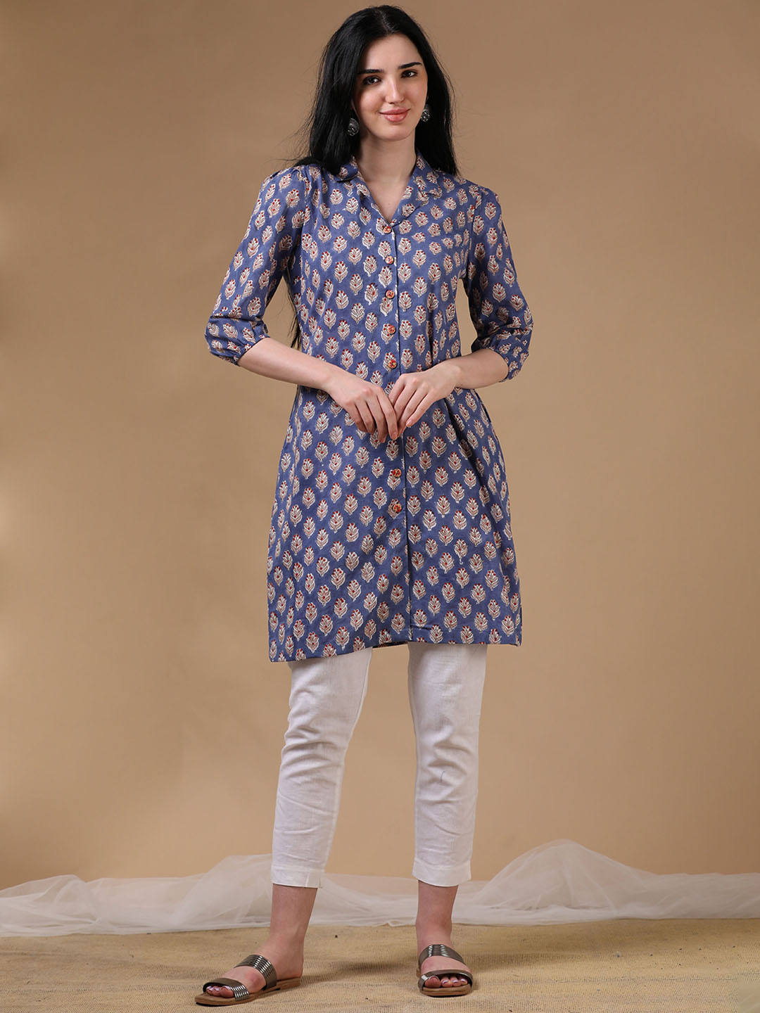 Hassu's Floral Printed Block Print Mandarin collar Straight Kurta