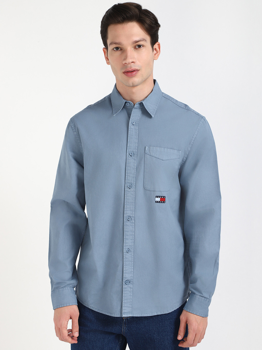 Tommy Hilfiger Men Spread Collar Solid Cotton Casual Shirt with Gift Box