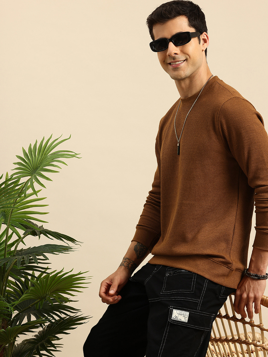 Mast & Harbour Relaxed Fit Waffle Texture Long Sleeve T-shirt