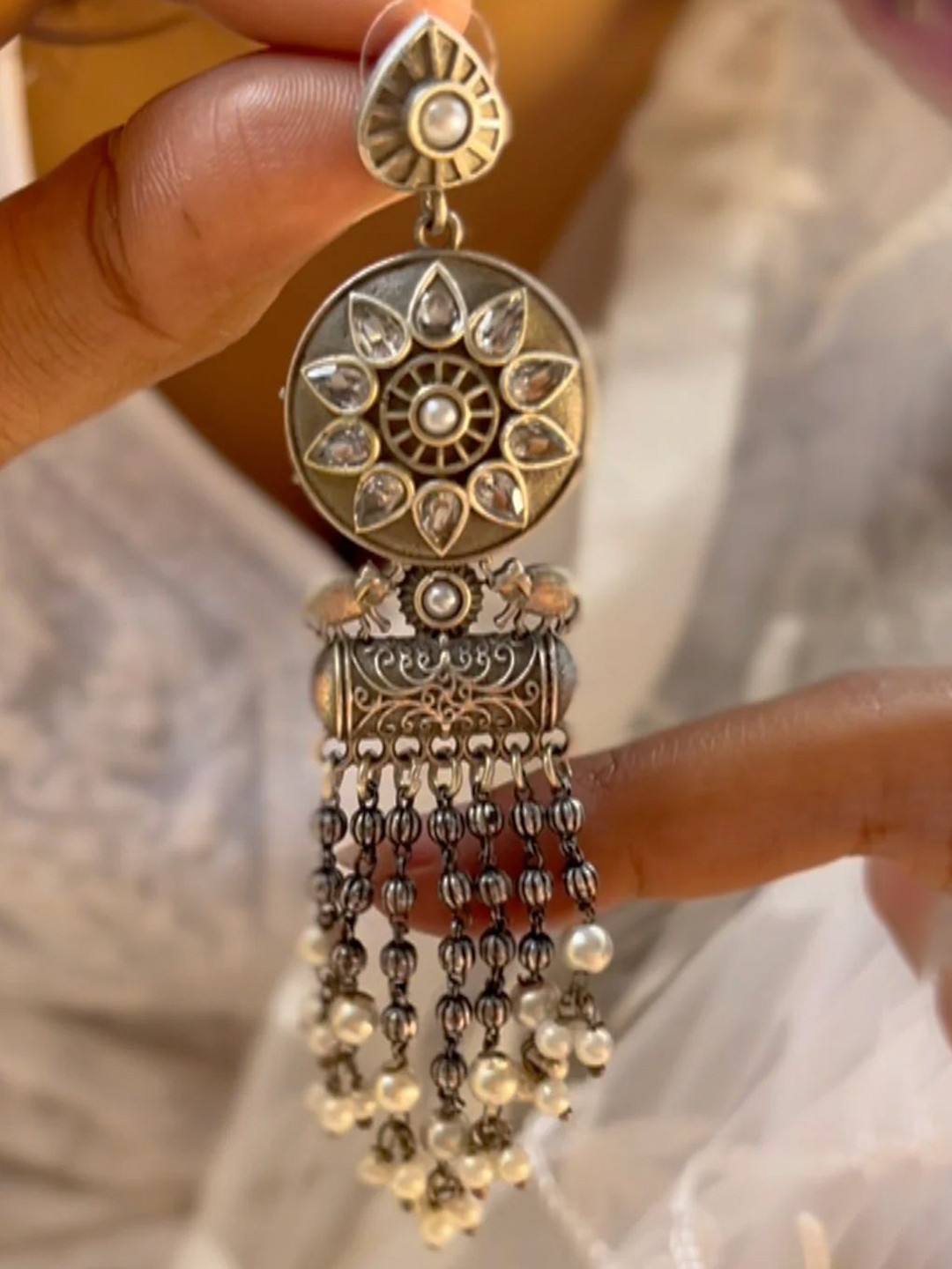 Janpath Online Silver-Plated Stones Studded And Beaded Contemporary Drop Earrings