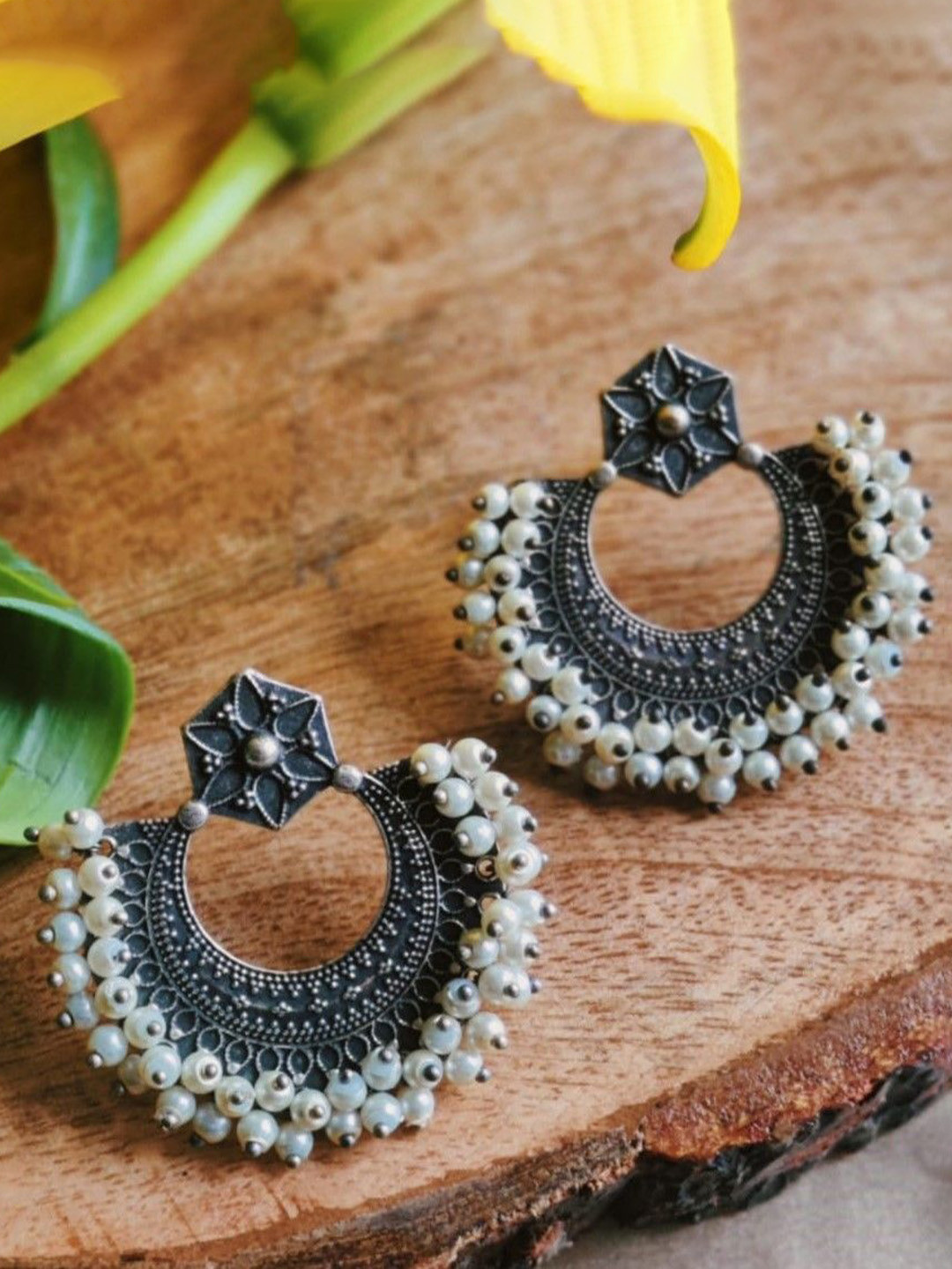 Janpath Online Oxidised Artificial pearls beaded Crescent Shaped Chandbalis