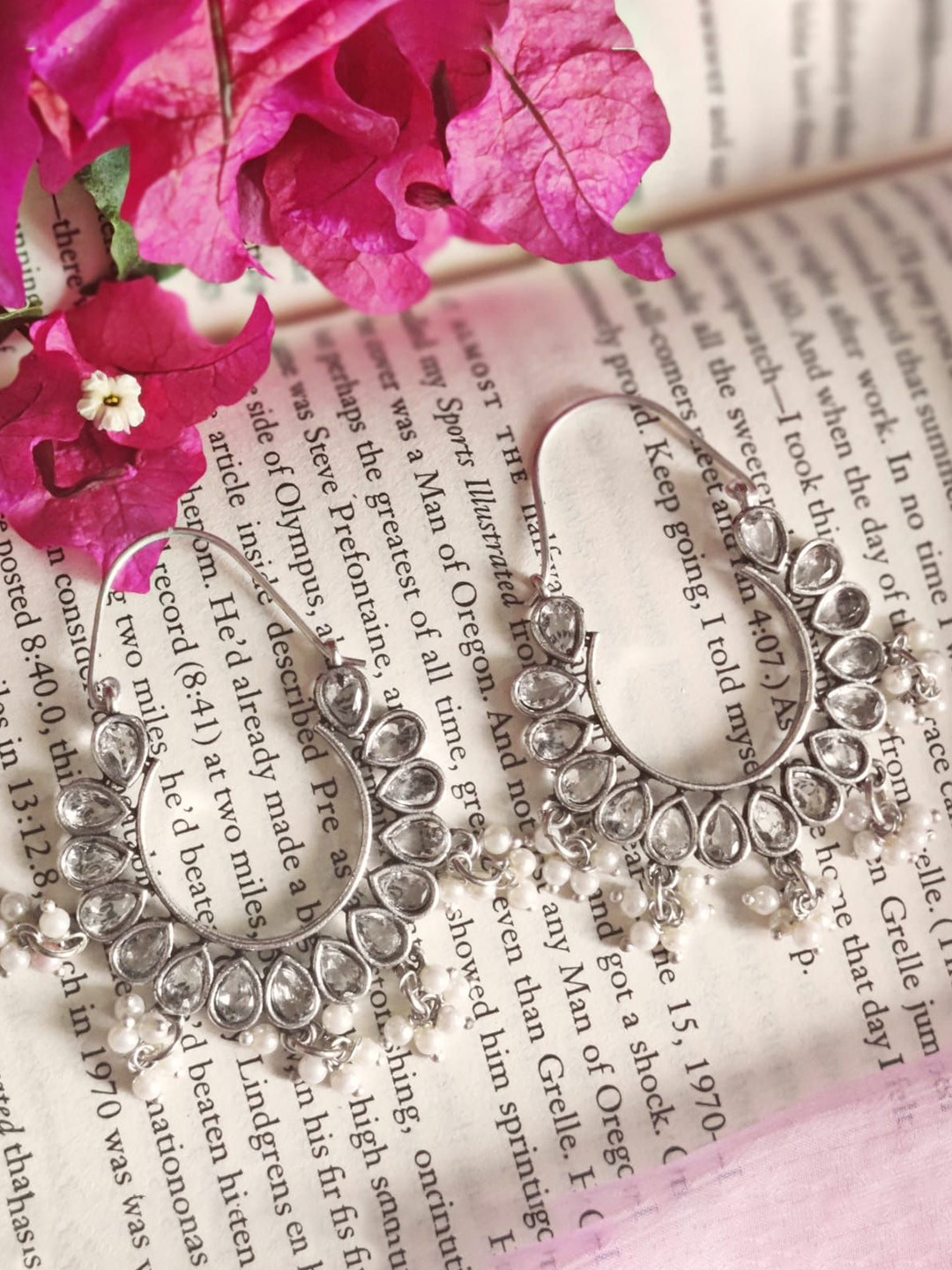 Janpath Online Oxidised Silver-Plated Artificial Stone Studded And Beaded Hoop Earrings